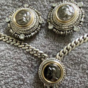 Silver plate necklace 18" (doubled), Earrings Silver and Gold Tone